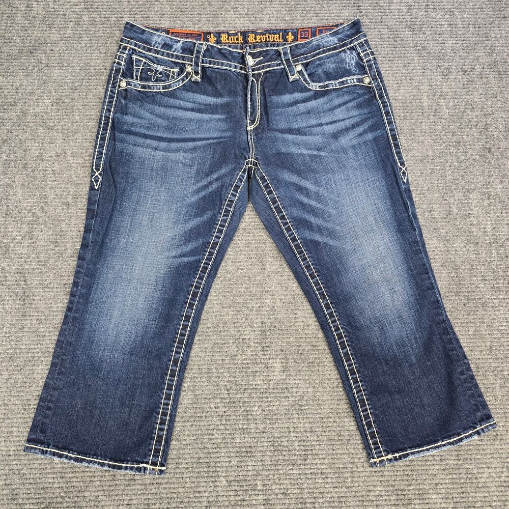 Rock Revival Eva Jeans Womens 33 Easy Crop Capri Blue Thick Stitch Flap Pocket